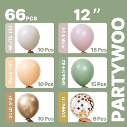 PartyWoo Pink and Green Balloons 66pcs 12 Inch Gold White Green Balloons - color: Green-3326