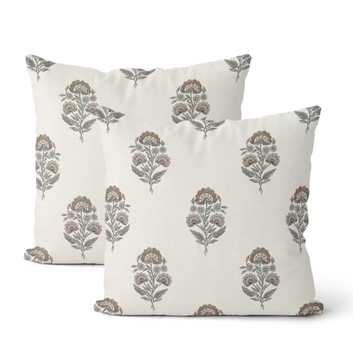 CXMEIFLY Brown Grey Vintage Pillow Covers 18 x 18 Inch Set of 2 Boho Gray Floral Block Print Outdoor Decor Throw Pillows Neutral Flower Linen Farmhouse Decorative Pillowcases for Couch Bed Sofa - color: Brown Grey Floral, size: 18" x 18" (Pack of 2)