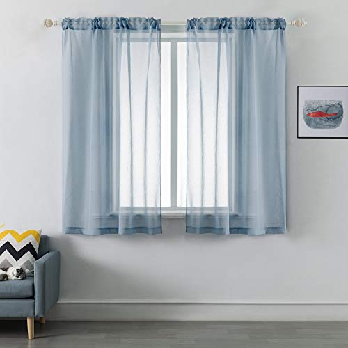 DUALIFE Stone Blue Sheer Curtains 63 Inch Length,Faux Linen Semi Sheer Curtain Drapes for Living Room Bedroom Nursery Bathroom Privacy Voile Window Treatment Panels,52 x 63 Inches,Dusty Blue - color: Blue, size: 52"W x 63"L (Pack of 2)