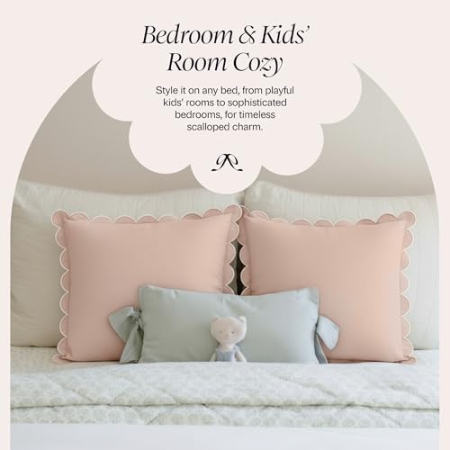 BEBE BASK Scalloped Pillow Cover Set of 2, 18x18, 100% Cotton - Peach Pink - color: Peach Pink/White