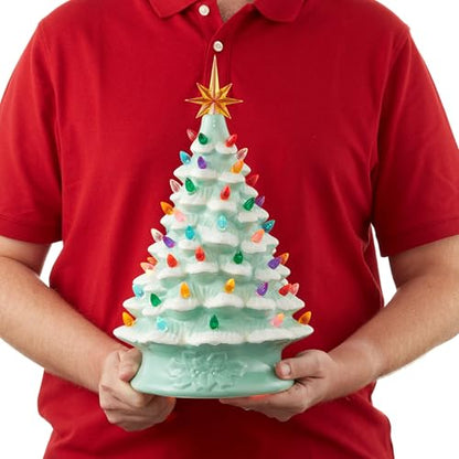 Casafield Hand Painted Ceramic Christmas Tree, Seafoam Green Snow Flocked 15-Inch Pre-Lit Tree with 128 Multi Color Lights and 2 Star Toppers - color: Seafoam Snow Flocked