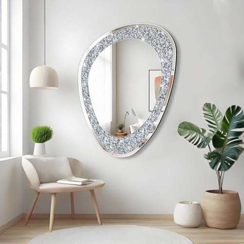 DMDFIRST Modern Irregular Shaped Wall Mirror – 32x23.5 Inch Decorative Oval Diamond Decor Mirror for Living Room, Bedroom, Bathroom, Entryway - size: 32"L x 23.5"W