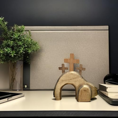 The Empty Tomb Easter Scene and Cross Decoration, He is Risen Decor,Jesus Tomb Tray Bundle Kit, Wooden Easter Jesus Sign Tiered Tray Decorations for The Home, Tabletop, Office (Wood)