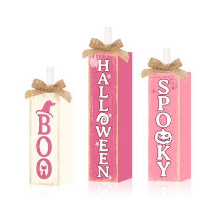 Britimes Pink Ghost Tray Decor, 3 Pack, Wooden Table Signs - style: Pink Halloween