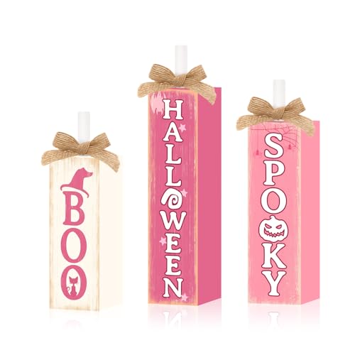 Britimes Pink Ghost Tray Decor, 3 Pack, Wooden Table Signs - style: Pink Halloween