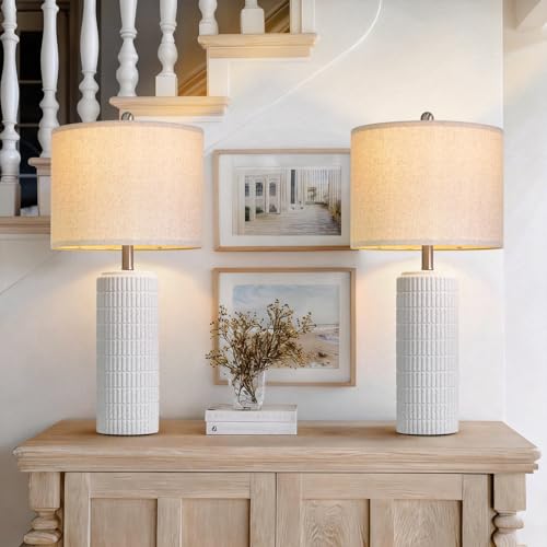 PoKat 27.5'' Tall Table Lamps for Living Room Set of 2, Stone-Like Ceramic Bedroom Lamps for Night Stands, Farmhouse Bedside Lamps for Bedroom Living Room, Nightstand Lamps for End Table, Hallway - color: Stone White