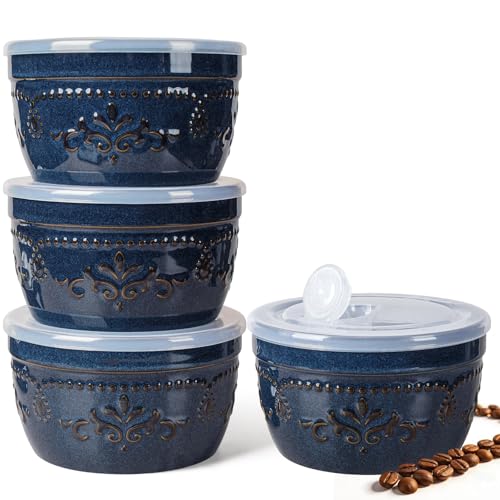 Artena Meal Prep Containers 22 OZ, 4 Pack Snack Containers, Reusable Food Storage Containers With Lids For Soup Yogurt Oatmeal Lunch Breakfast, Ceramic Cereal Bowls (Blue, Damask Floral) - size: 5.15 inch (Damask Floral, Blue)