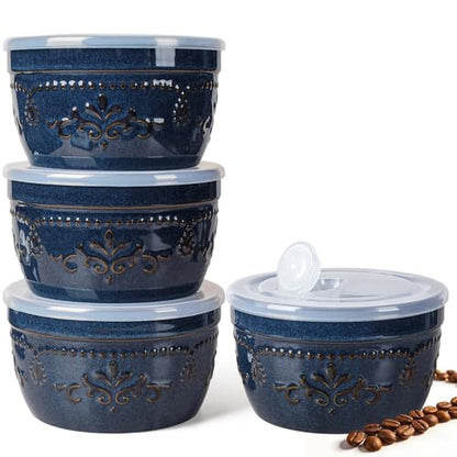 Artena Meal Prep Containers 22 OZ, 4 Pack Snack Containers, Reusable Food Storage Containers With Lids For Soup Yogurt Oatmeal Lunch Breakfast, Ceramic Cereal Bowls (Blue, Damask Floral) - size: 5.15 inch (Damask Floral, Blue)