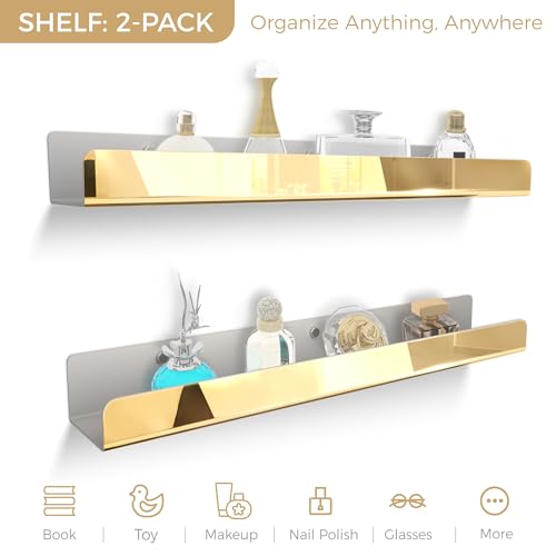 2 Packs 24 inches Gold Acrylic Shelves,Book Shelf for wall - color: 24in-gold Mirror