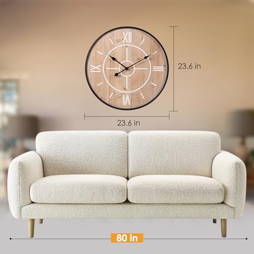 Large Farmhouse Wall Clock 24/30 Inch, Rustic Wooden Clock with Black Metal Frame, Silent Non-Ticking, Roman Numerals for Living Room Kitchen Bedroom - size: 24 inch