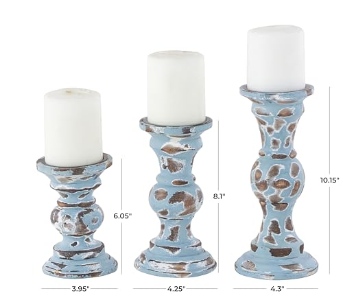 Deco 79 Wood Decorative Candle Holder Candle Stand, Set of 3 Candlestick Holder 6", 8", 10"H, Light Blue