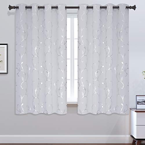 BUHUA Blackout Curtains 63 Inch Length 2 Panels Thermal Insulated Window Treatment for Bedroom Grommet Room Darkening Curtains with Wave Vine Printed (52 x 63 Inch, Greyish White) - color: Greyish White, size: 52"W x 63"L (Pack of 2)