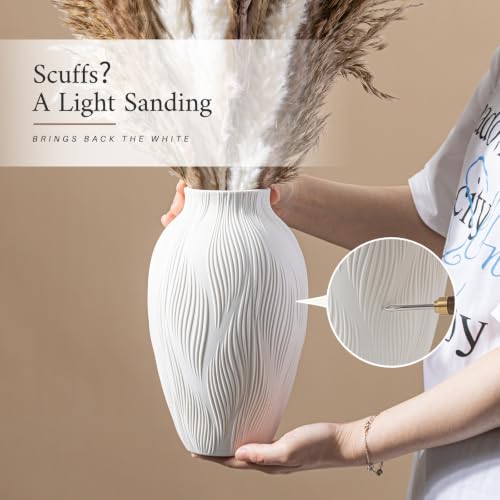 White Ceramic Vase for Pampas Grass, 9.2 Inch Wavy Textured Vase Gift - color: Windblown Texture Vase