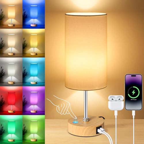 Unicozin Table Lamp with Wood Grain Base, 3 CCT 3000K/4500K/6500K & RGB Color Changing, Stepless Dimmable Small Bedside Lamp for Reading, Ambience Nightstand Light for Home Decor Party, White Shade - color: Wooden - White, size: 14.5in