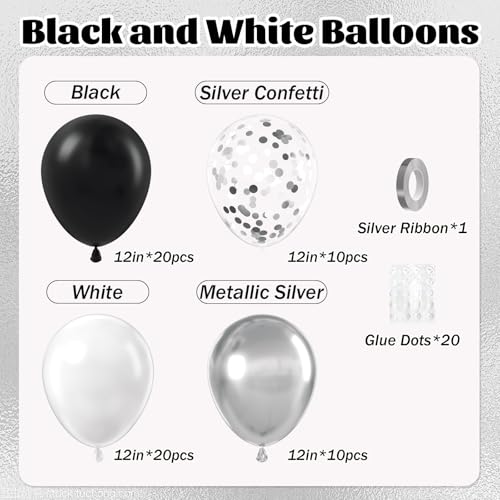 60pcs Black and Silver Balloons 12inch with Silver Confetti Balloons - color: Black White Silver