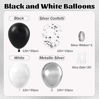 60pcs Black and Silver Balloons 12inch with Silver Confetti Balloons - color: Black White Silver