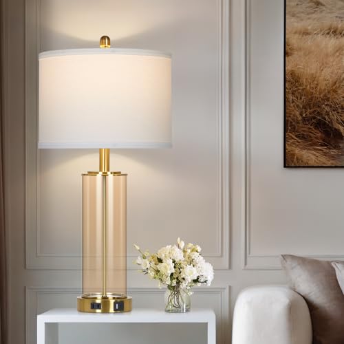 26" Modern Brown Glass Table Lamps Set of 2, Bedside Lamp with USB A+C Ports & AC Outlet, Living Room Lamps with 3-Way Dimmable Touch Control, Stylish Bedside Lamp for Bedroom Nightstand Dining Table - color: Brown