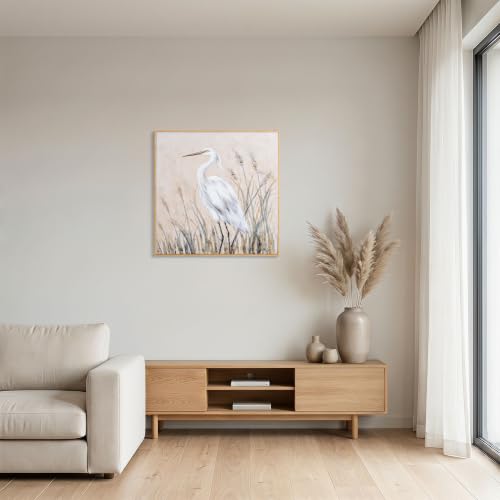 Eonzeun Framed Textured Canvas Wall Art, 24x24 Inch Wabi-Sabi Neutral Tone Egret Painting for Living Room, Dining Room, Office - color: Egret-1, size: 24"L x 24"W