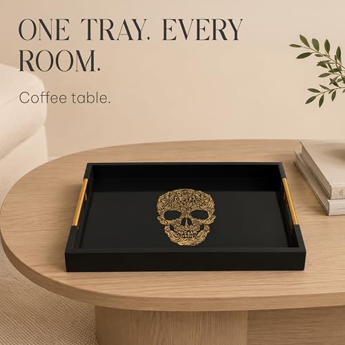 Gothic Skull Serving Tray, Black Gloss, Gold Handles by Death Decor - style: SKULL