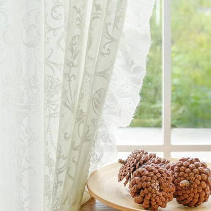 TUDECO Cream Short Lace Curtains 45 Inch Length, 2 Panles - color: Cream, size: 59"W x 45"L (Pack of 2)