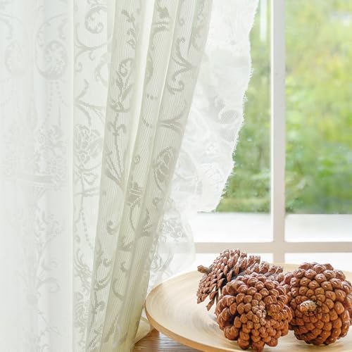 TUDECO Cream Short Lace Curtains 45 Inch Length, 2 Panles - color: Cream, size: 59"W x 45"L (Pack of 2)