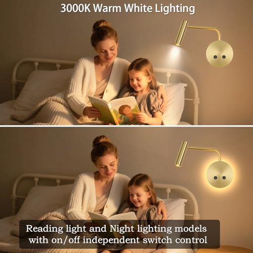 Gold Wall Mounted Reading Light, 3000K Flexible Headboard Reading Sconces with On Off Switch Control, Plug in/Hardwired Wall Light Fixtures with Night Light for Bedside Bedroom Bunk - color: Gold-1Pack