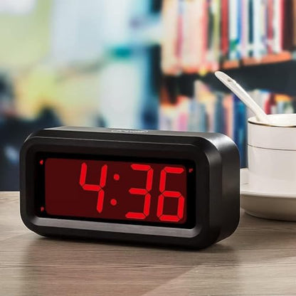 Alarm Clock,1.2'' LED,Cordless,Battery Operated,3-Level Brightness,12/24Hr - color: Black Case-red Led