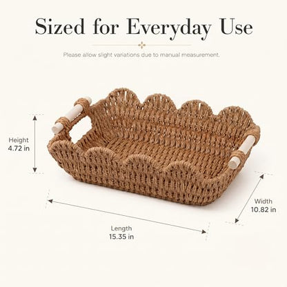 Coeusy Set of 2 Paper Rope Scalloped Baskets, Cute Wicker Basket Natural - color: Neutral