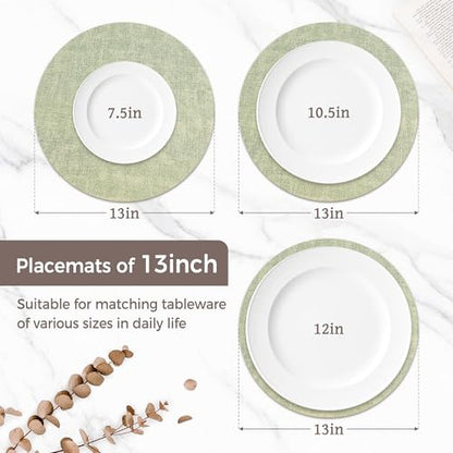 13" Round Placemats Set of 6, Reversible Faux Leather Wipeable Table Mats - color: Light Green