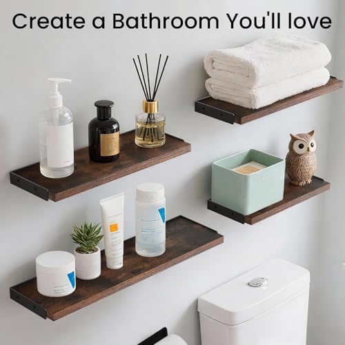 BAYKA Wall Mounted Floating Shelves (Walnut-Like, Set of 4, 16" Mixed) - color: D. Dark Brown Board & Black Brackets, size: 16 inches Mixed