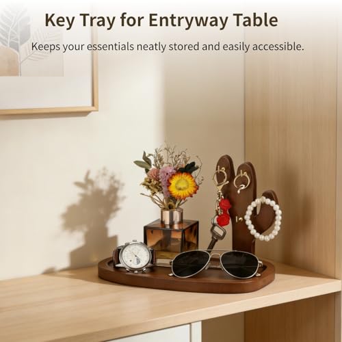 Key Tray for Entryway Table, Acacia Wooden Key Holder Stand with 4 Hooks and Storage Tray, Cactus-Shaped Organizer, Decorative Catchall for Glasses, Watch, Perfume, Jewelry