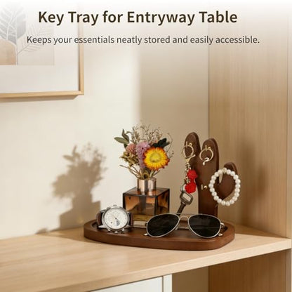 Key Tray for Entryway Table, Acacia Wooden Key Holder Stand with 4 Hooks and Storage Tray, Cactus-Shaped Organizer, Decorative Catchall for Glasses, Watch, Perfume, Jewelry