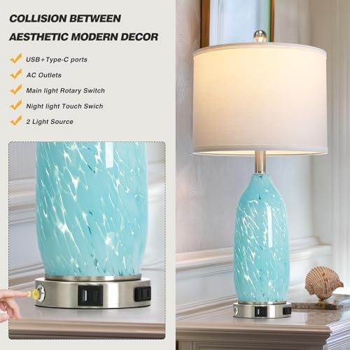 Rinweey 26" Bule Glass Table Lamps Set of 2,Nautical lamp with USB A+C Ports & AC Outlet,Coastal Bedside Lamps with 3-Way Dimmable Touch Control Night Light for Bedroom Living Room,Sky Blue - color: Sky Blue