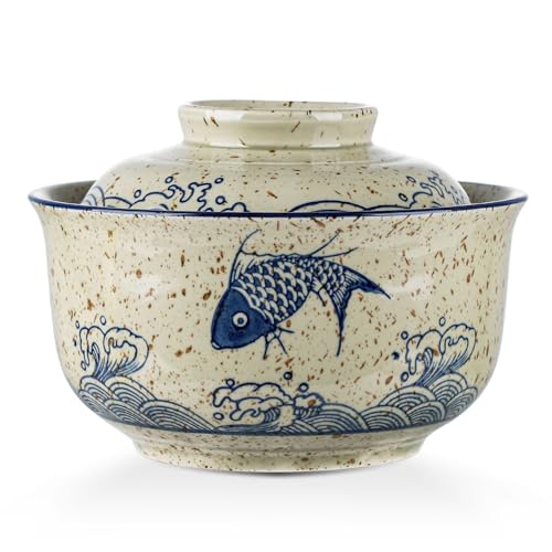 VanEnjoy Microwavable Ramen Bowl with Lid, 25 Oz Japanese Bowl Big Ceramic Japanese Soup Bowl with Lid, Korean Clay Pot - fish - color: fish