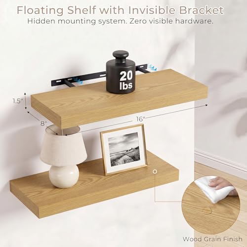 Vivelove Oak Floating Shelves 8 Inch Deep, 16 x 8, Set of 2 - color: Oak, size: 16"Wx8"Dx1.4"H