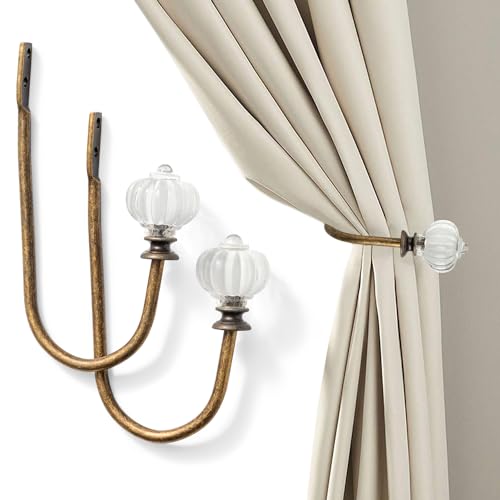 Vintage Curtain Holdbacks 2Pcs - Pumpkin Shaped, Metal Curtain Side Holders for Wall, Small Drapes Pull Backs Hook, Window Drapery Tie Backs Wall Mounted, Curtain Hardware Accessories - color: Clear Pumpkin