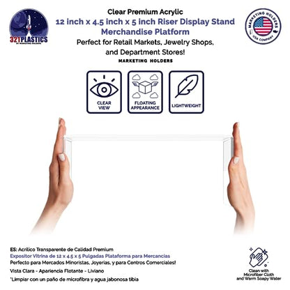 Marketing Holders 4 Pack Acrylic Riser Display Stand Platform Clear 12" x 4.5" Rectangular Tabletop Showcase Pedestal for Collectible Merchandise Figures and Figurines - size: 12"W x 5"H