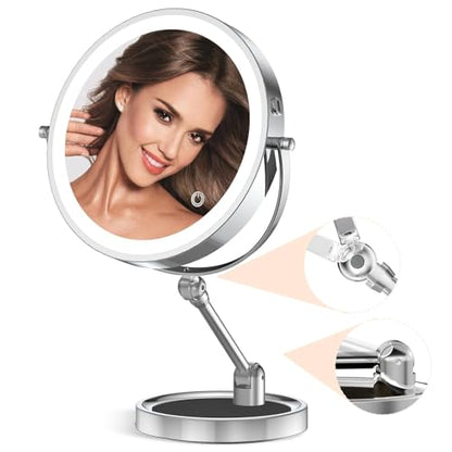 Rocollos Tabletop Makeup Mirror with Built-in Vanity Tray, 9" Rechargeable 4000mAh Lighted Vanity Mirror 1X/10X Magnification, Height-Adjustable Arm, 3 Color Dimmable (9Inch Chrome) - color: 9inch Chrome