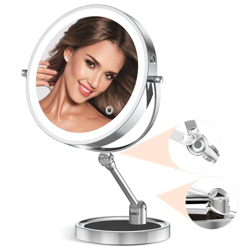 Rocollos Tabletop Makeup Mirror with Built-in Vanity Tray, 9" Rechargeable 4000mAh Lighted Vanity Mirror 1X/10X Magnification, Height-Adjustable Arm, 3 Color Dimmable (9Inch Chrome) - color: 9inch Chrome
