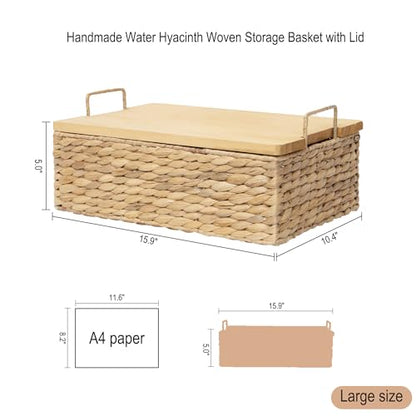 Water Hyacinth Wicker Storage Baskets with Wooden Lid (Large) - size: Large (Single)