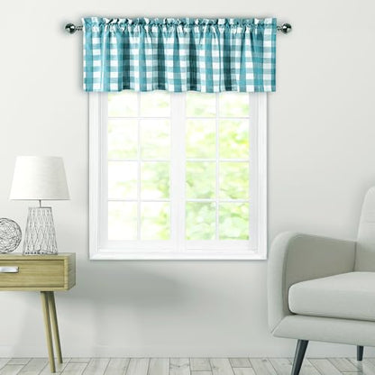 Amzdecor Teal White Buffalo Plaid Valance Semi Sheer Cafe Curtain 55"x15" - color: Teal/White