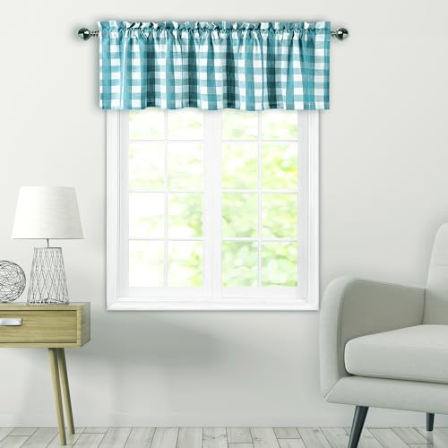Amzdecor Teal White Buffalo Plaid Valance Semi Sheer Cafe Curtain 55"x15" - color: Teal/White