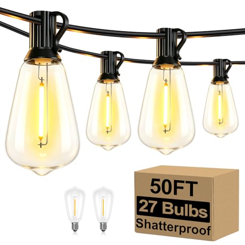 Brightever 50FT Outdoor String Lights 27 Bulbs, Waterproof Patio Lights - color: Black Wire Warm White, size: 50FT