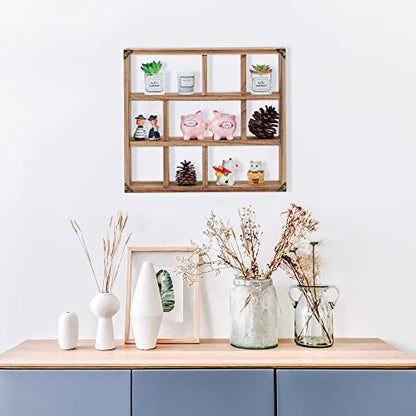 17.7x15.7-Inch Shadow Box Shelf 9-Slot Rustic Wood Floating Shelves Larger Shelf Lightweight Solid Wood Display(9C-Brown) - color: 9c-brown, size: 1 PCS