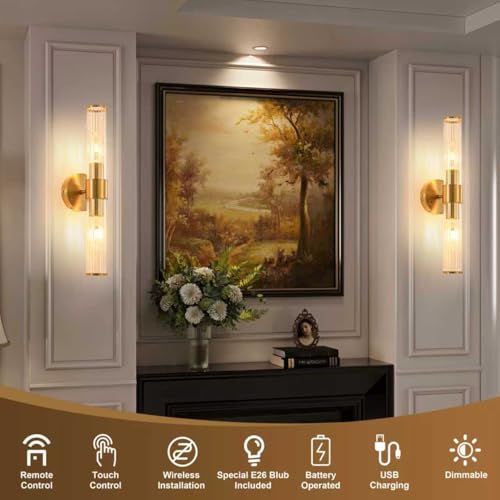 Gold Battery Operated Wall Sconces Set of Two, Dimmable Rechargeable Sconce - color: Gold
