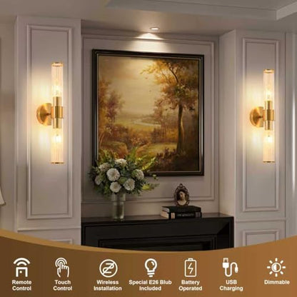 Gold Battery Operated Wall Sconces Set of Two, Dimmable Rechargeable Sconce - color: Gold