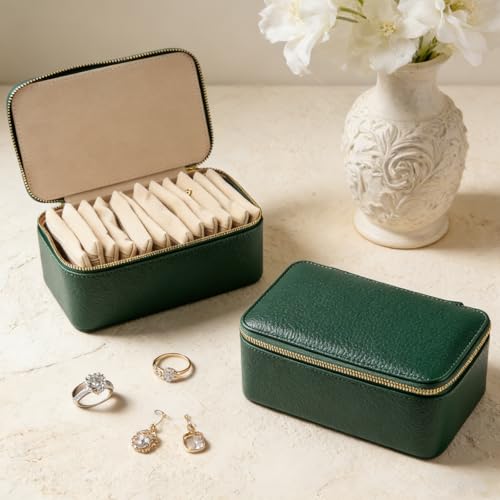 Travel Jewelry Case with 12 Velvet Zipped Pouches Bags, Dark Green - color: Dark Green - 12 Pouch