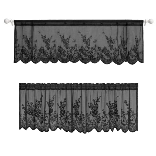 Molaxhome Kitchen Curtains Valance Black Lace Floral Semi Sheer Curtain - color: Black, size: 51"W x 16"L (Pack of 1)