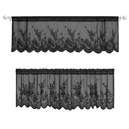 Molaxhome Kitchen Curtains Valance Black Lace Floral Semi Sheer Curtain - color: Black, size: 51"W x 16"L (Pack of 1)