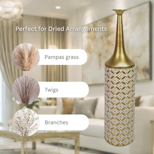 Leewadee Large Floor Vase 26 inches Metal for Pampas Grass, Dried Flowers - color: Gold, White